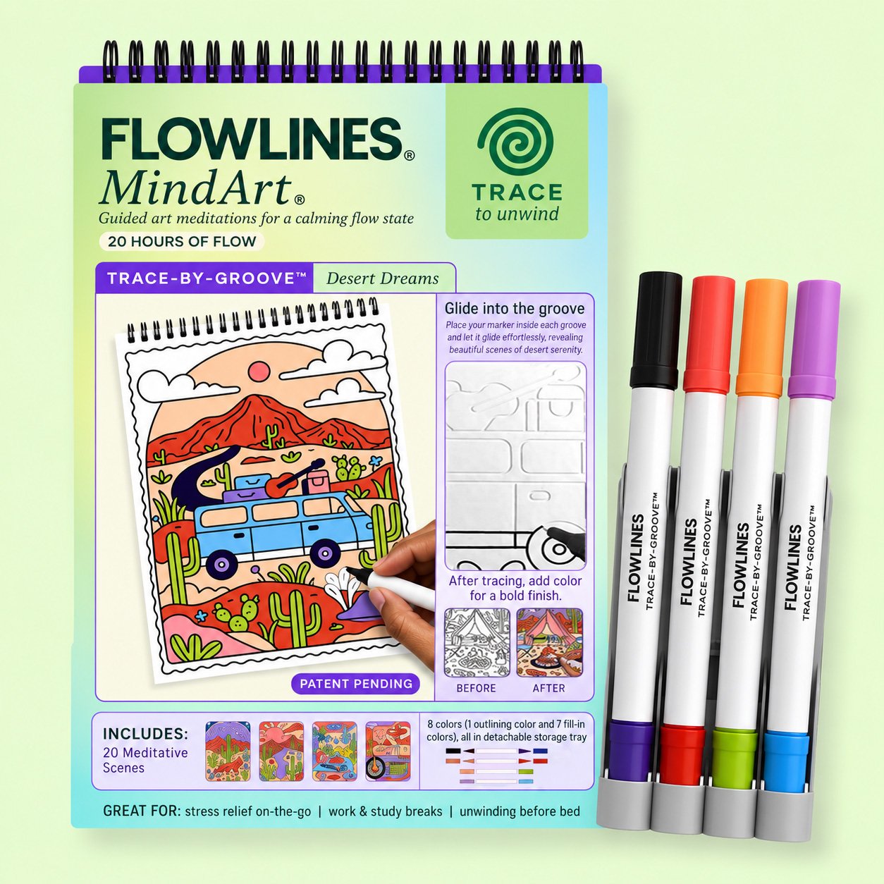 🔥LAST DAY 50% OFF 🌿 Trace-By-Groove Guided Flow Art Coloring Pad with Double-Sided Markers 🎨