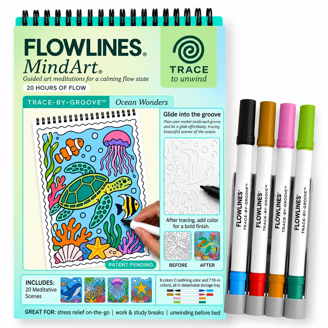 🔥LAST DAY 50% OFF 🌿 Trace-By-Groove Guided Flow Art Coloring Pad with Double-Sided Markers 🎨
