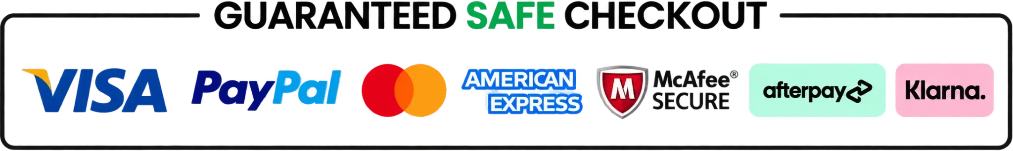 Secure checkout payment methods including Visa, PayPal, Mastercard, American Express, McAfee Secure, Afterpay and Klarna