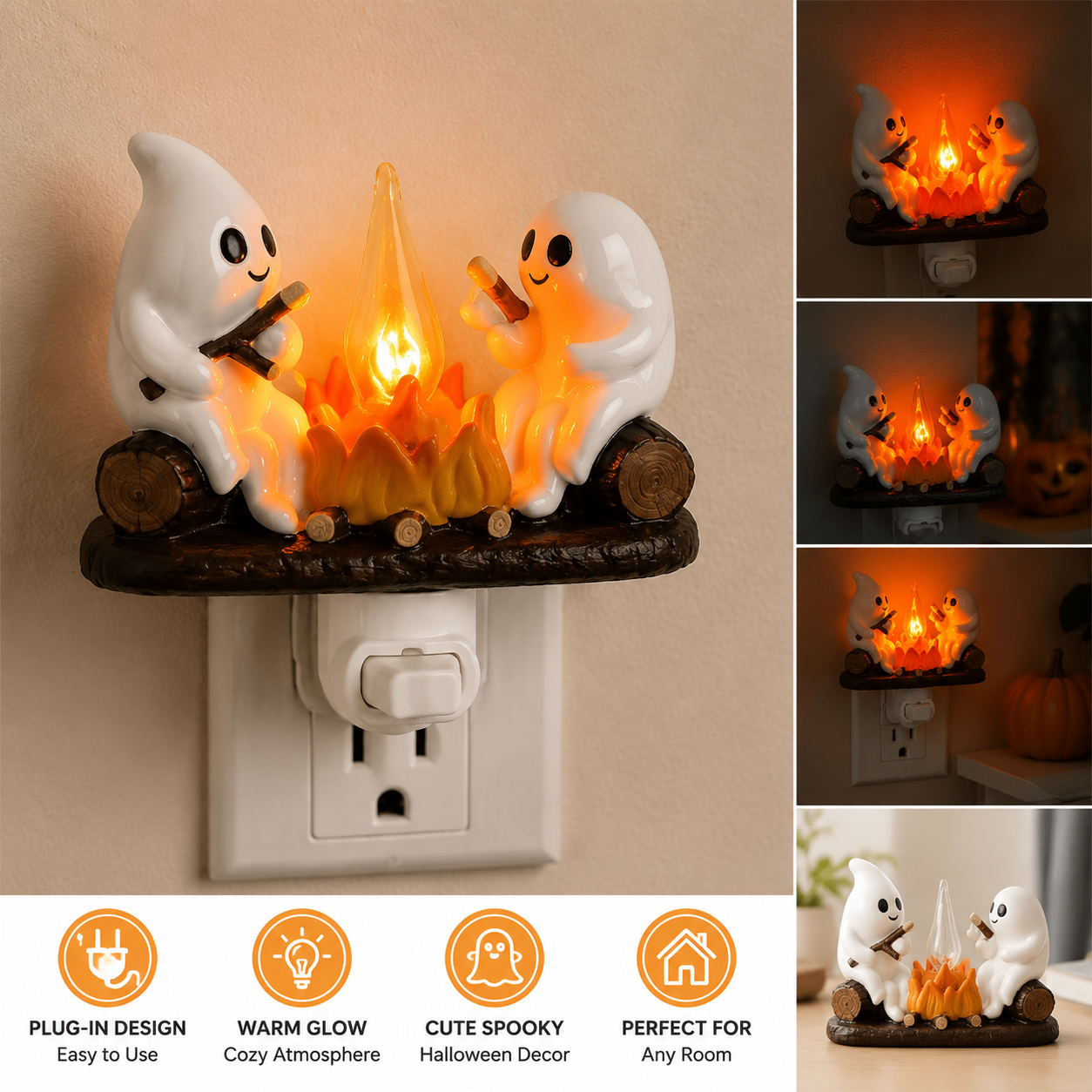 Ghost Campfire Plug-In Nightlight, Cute Spooky Halloween Decor