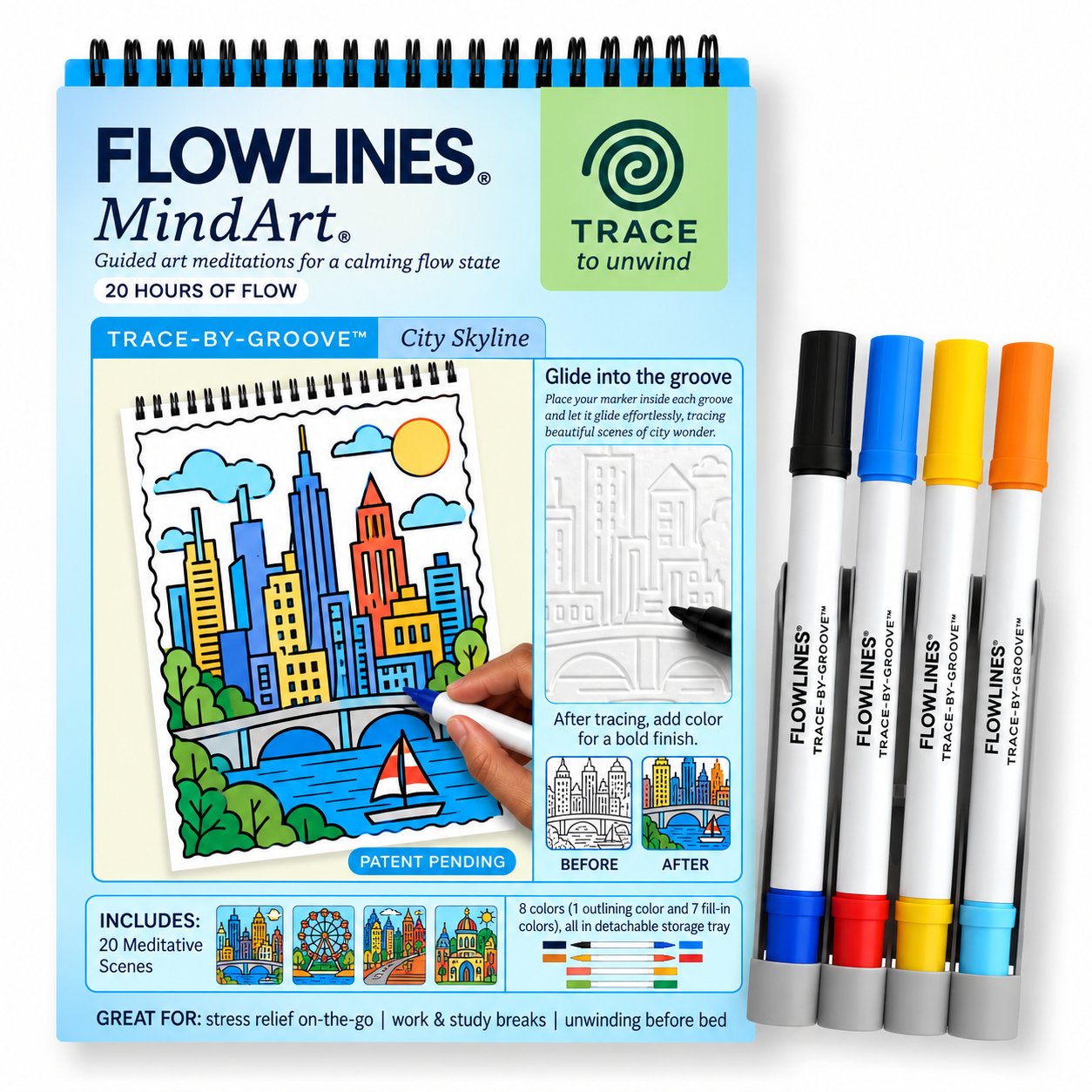 🔥LAST DAY 50% OFF 🌿 Trace-By-Groove Guided Flow Art Coloring Pad with Double-Sided Markers 🎨