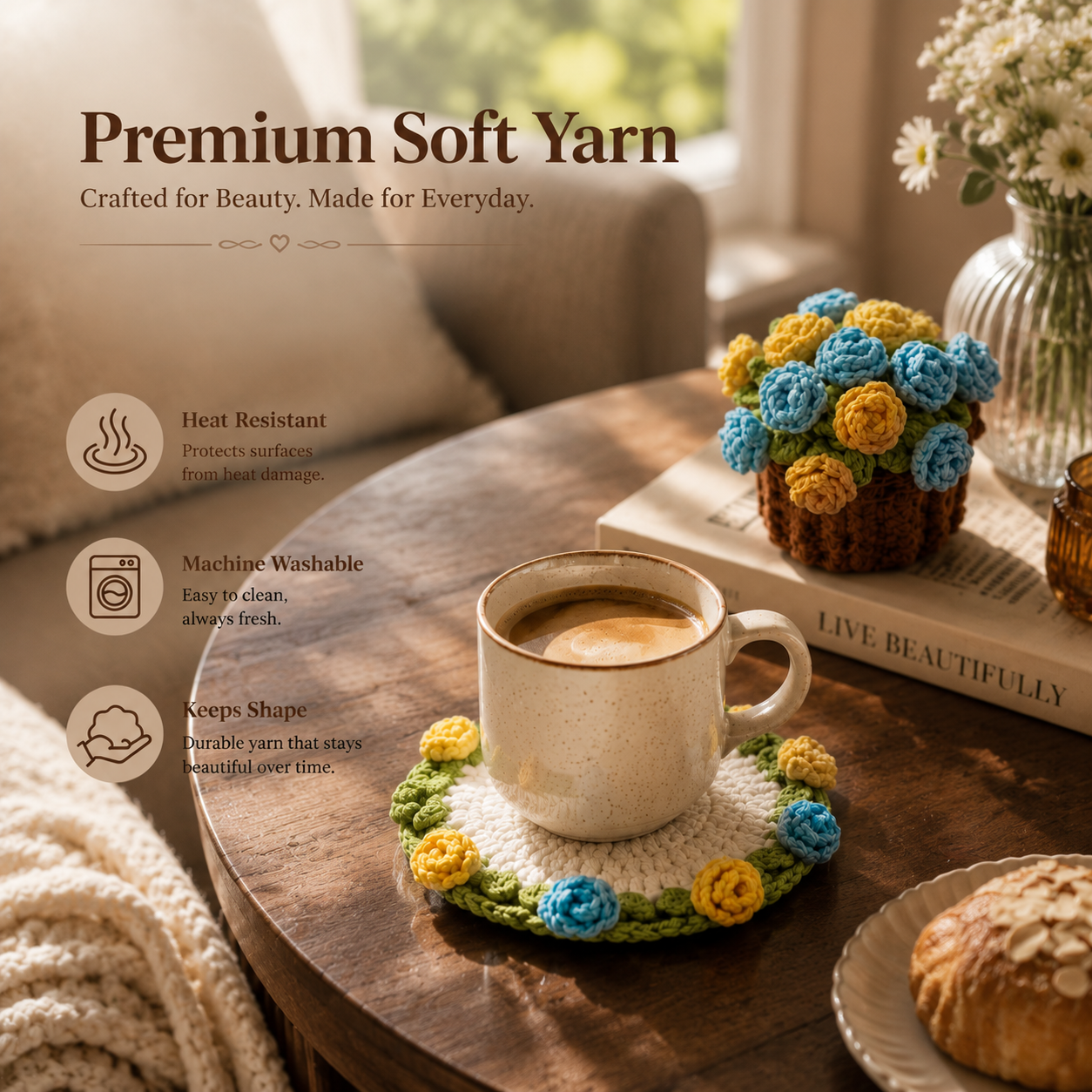 🔥Last Day 60%OFF🌸Handmade Bloom Flower Coaster Basket – 2-in-1 Floral Table Decor & Cozy Home Accent