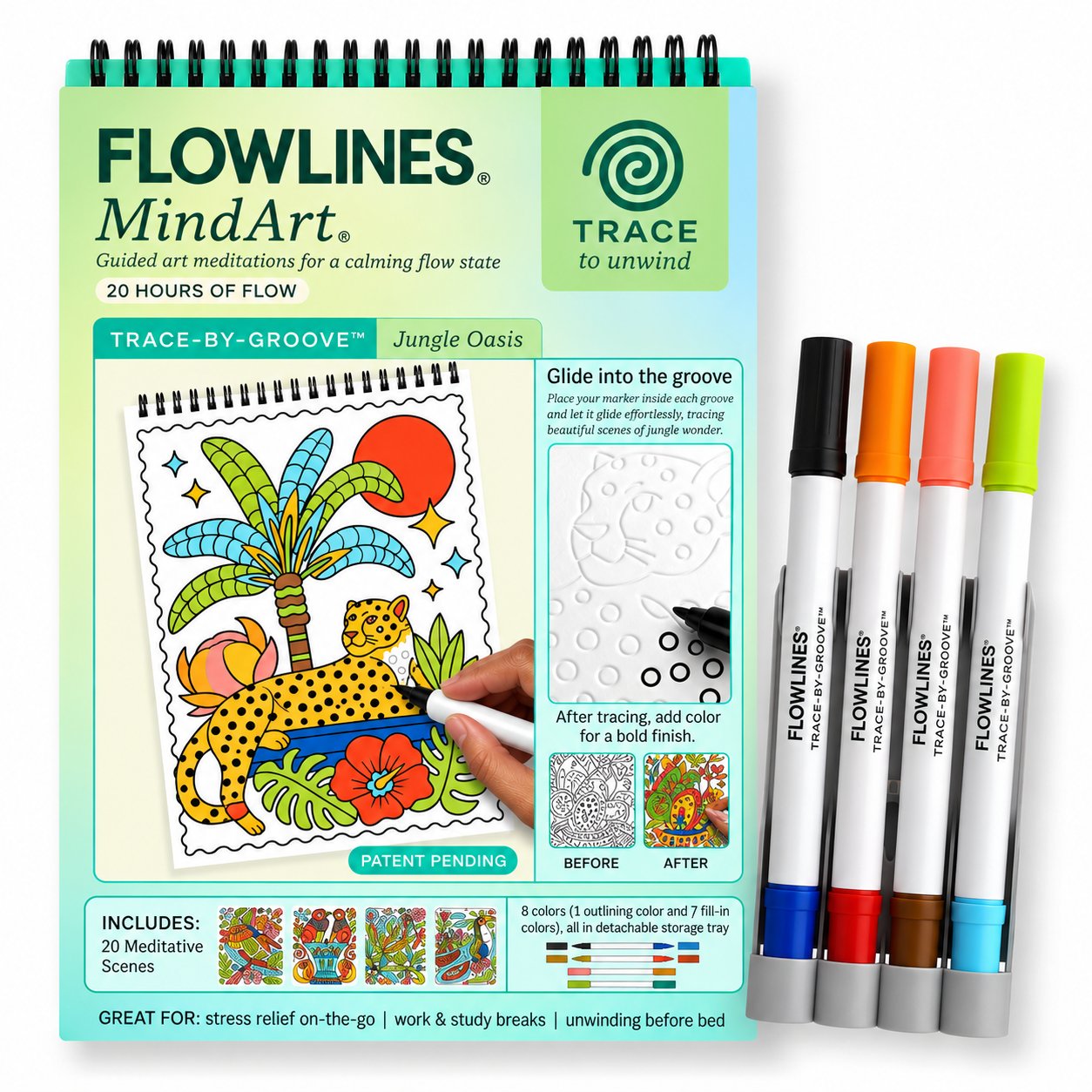 🔥LAST DAY 50% OFF 🌿 Trace-By-Groove Guided Flow Art Coloring Pad with Double-Sided Markers 🎨
