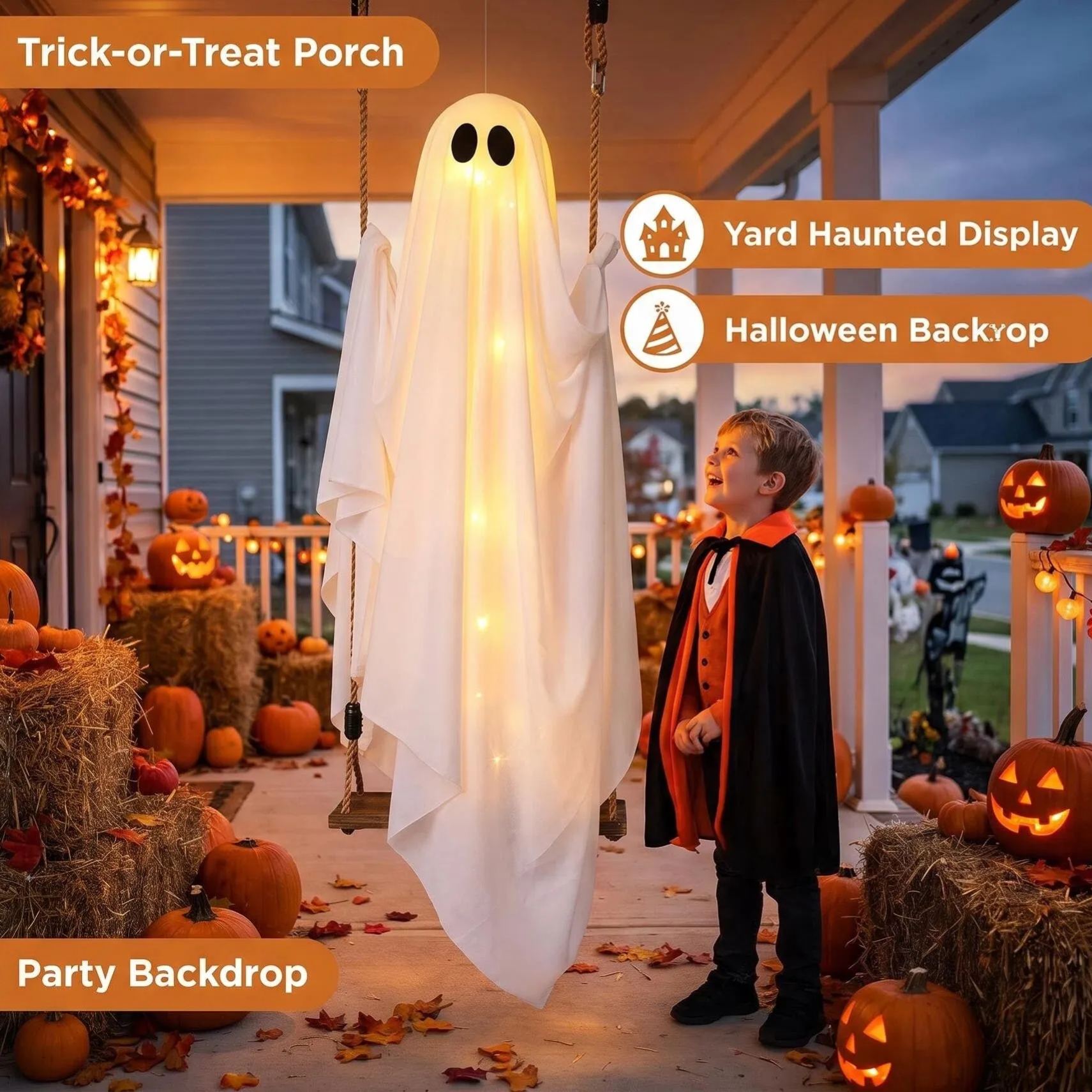 Swinging Ghost Halloween Decoration with LED Lights