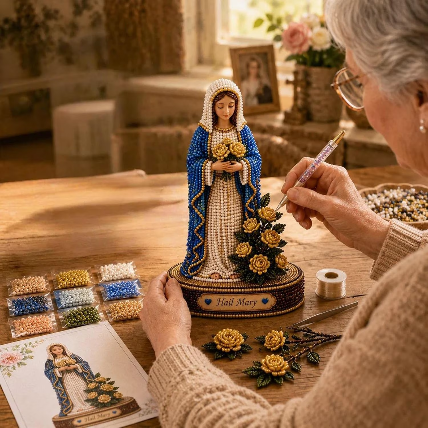 🌹HUGE 70% OFF SALE– Vintage Blessed Virgin Mary 3D Beaded DIY Kit ✨ Handmade Faith Display Statue