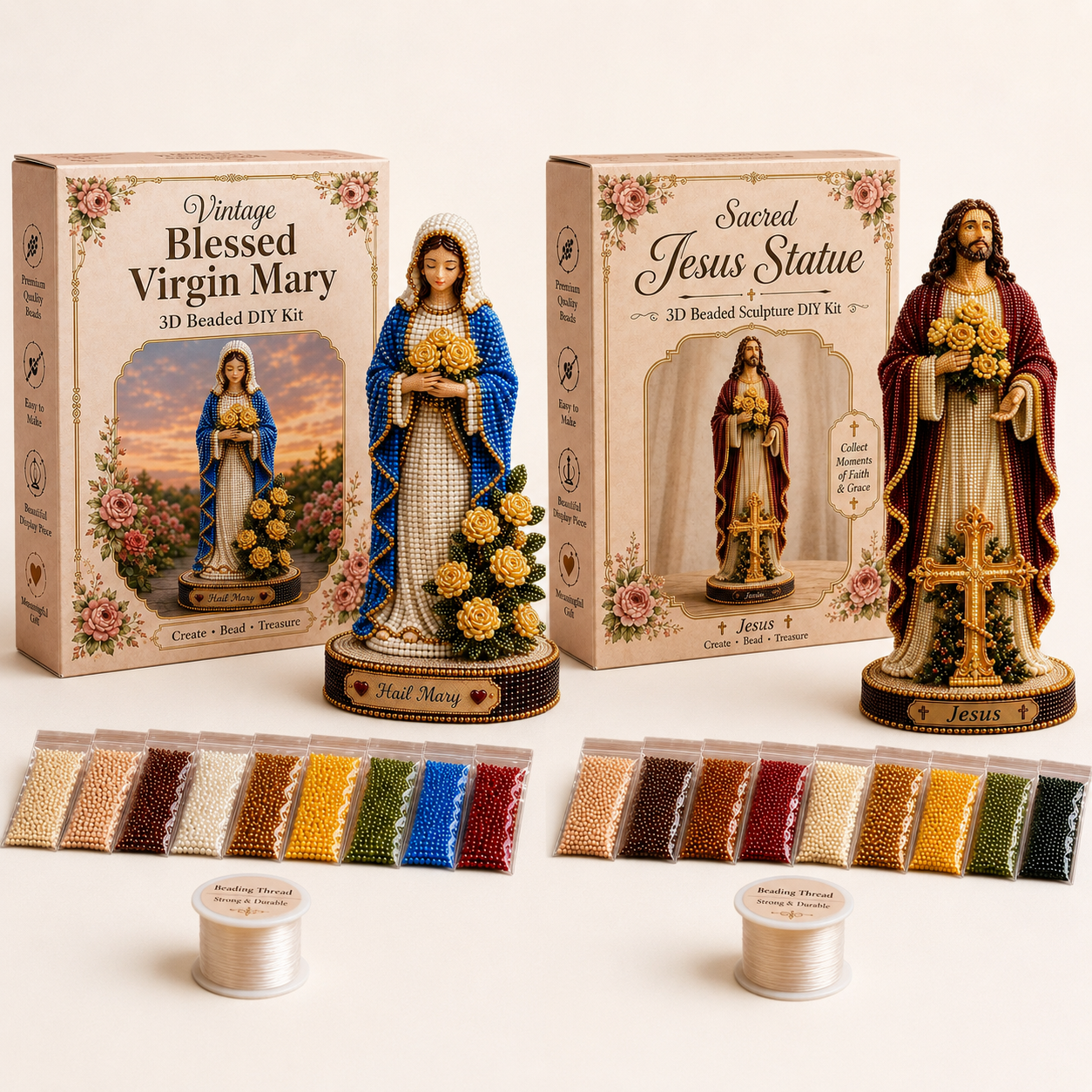 🌹HUGE 70% OFF SALE– Vintage Blessed Virgin Mary 3D Beaded DIY Kit ✨ Handmade Faith Display Statue