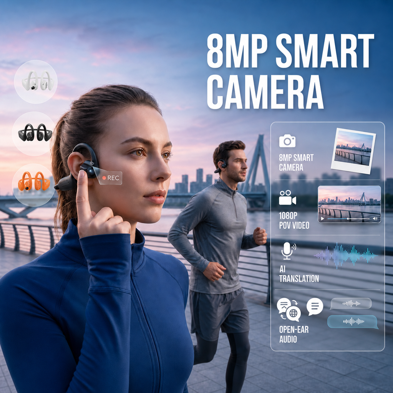 8MP smart camera headset with POV video AI translation and open-ear audio