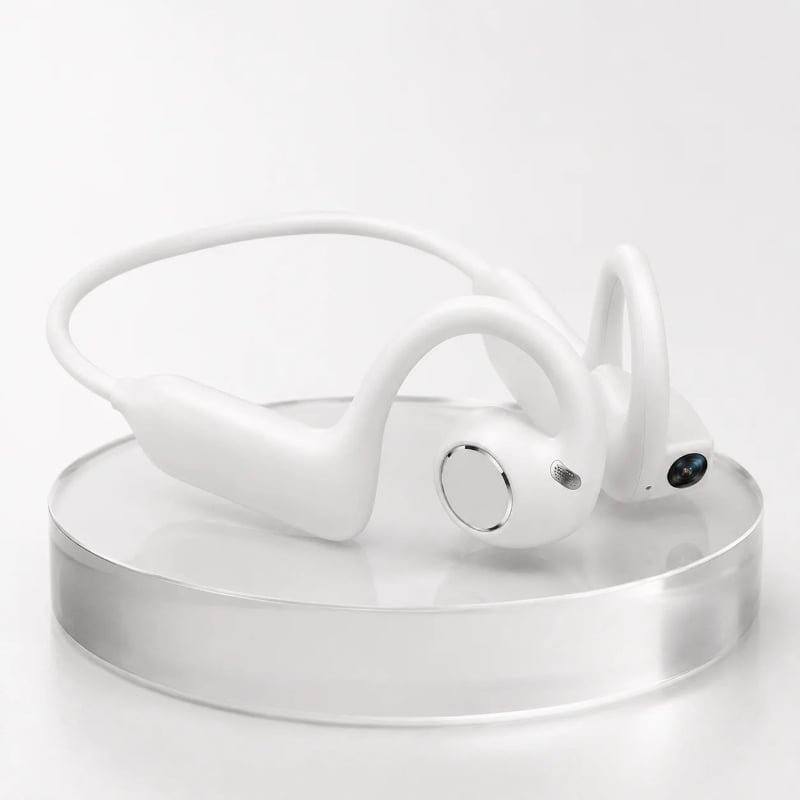 White AI vision camera open-ear headset