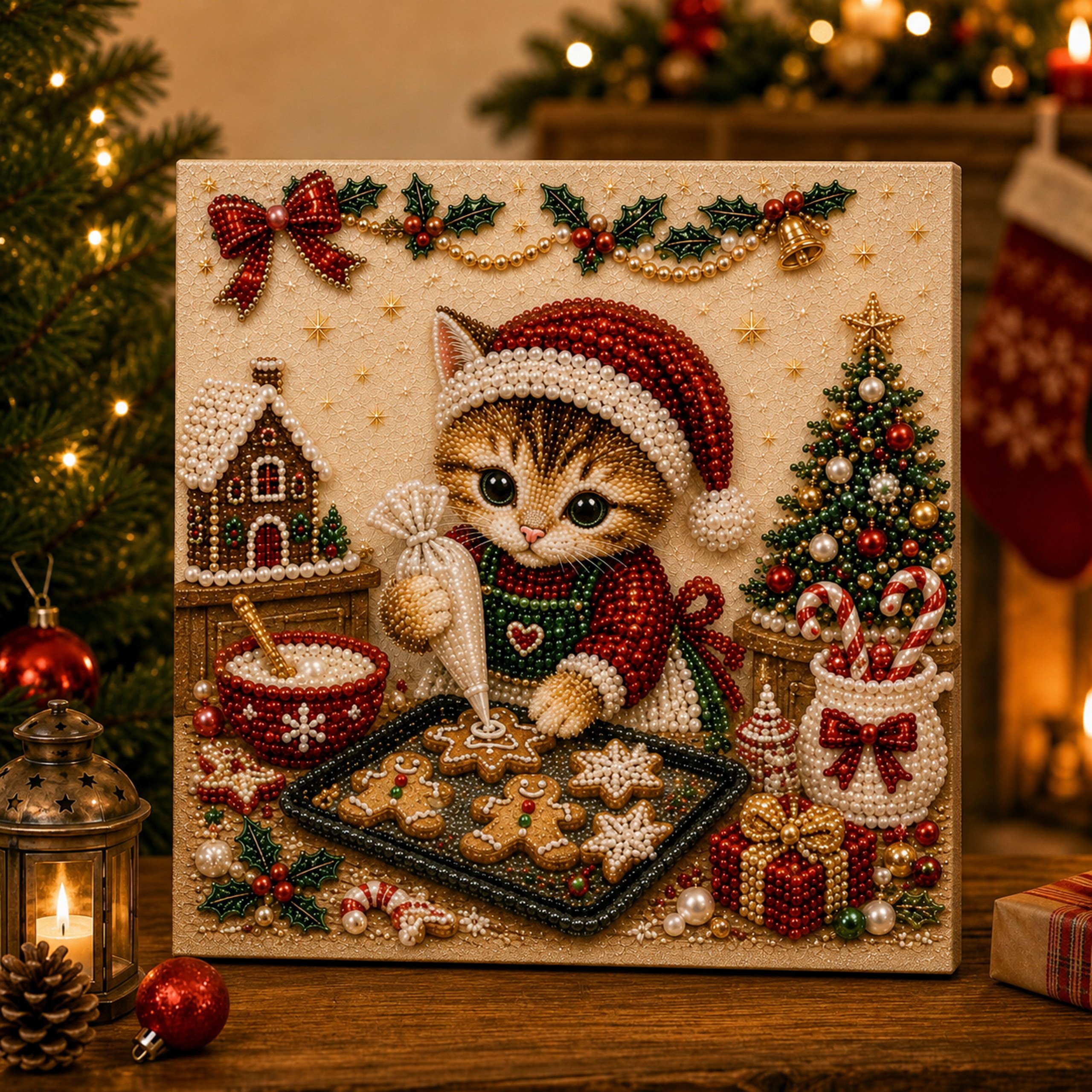 Christmas kitty pearl bead art image 10