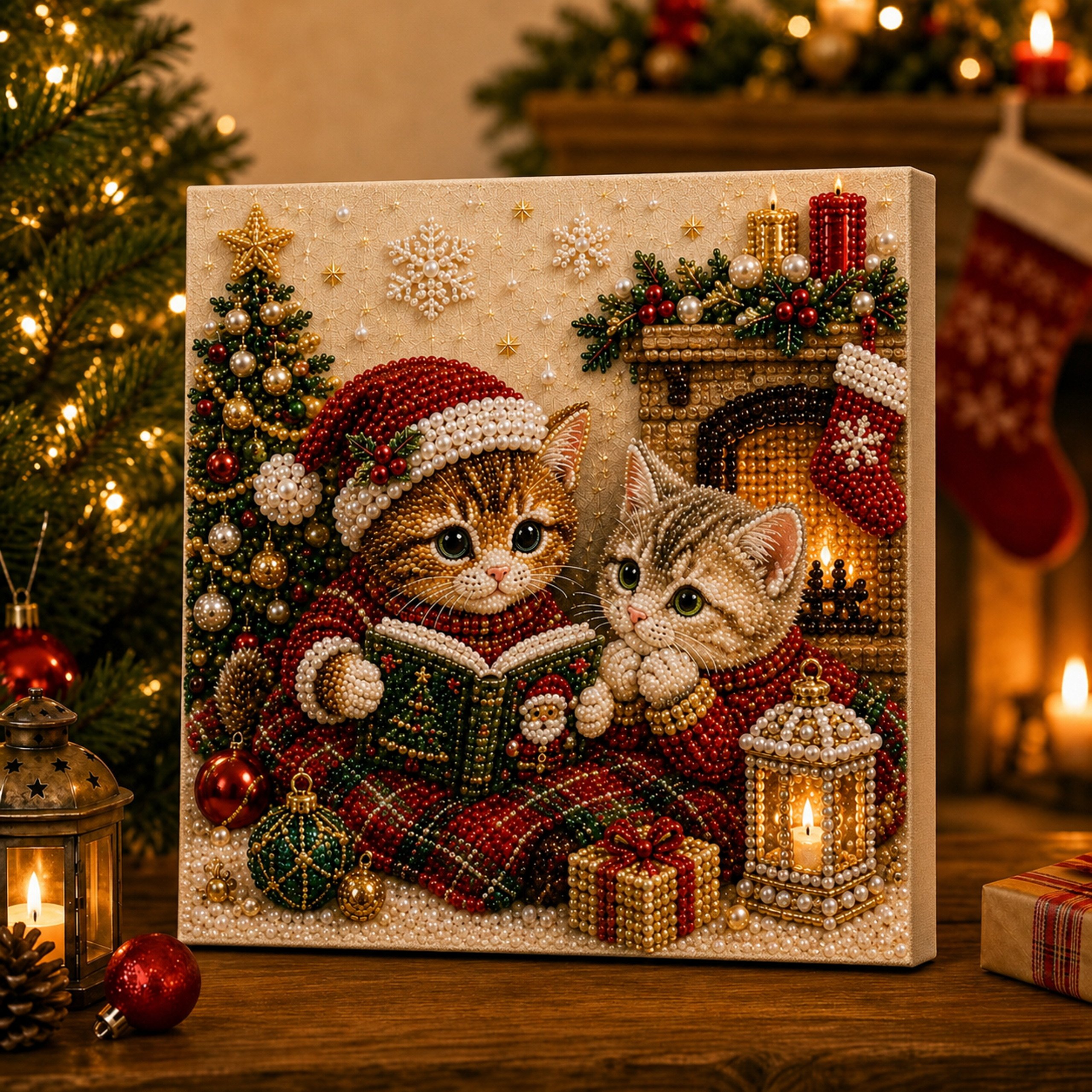 Christmas kitty pearl bead art image 11