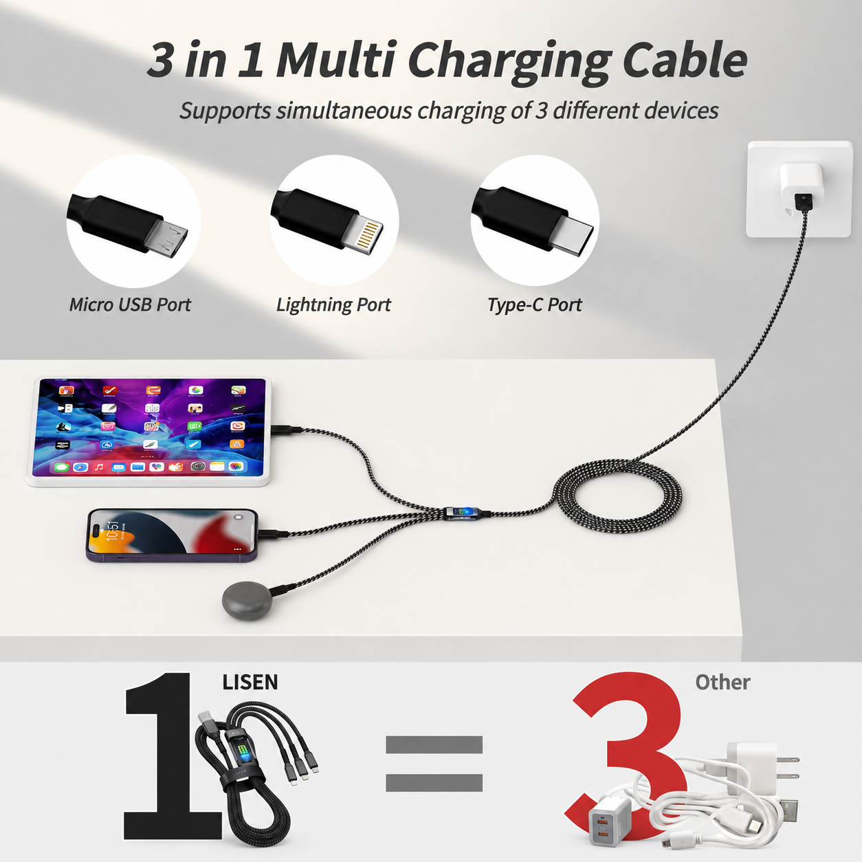 🔥 Hot Sale 70% OFF - ⚡100W Fast Charging 3-in-1 Glow-in-the-Dark Data Cable