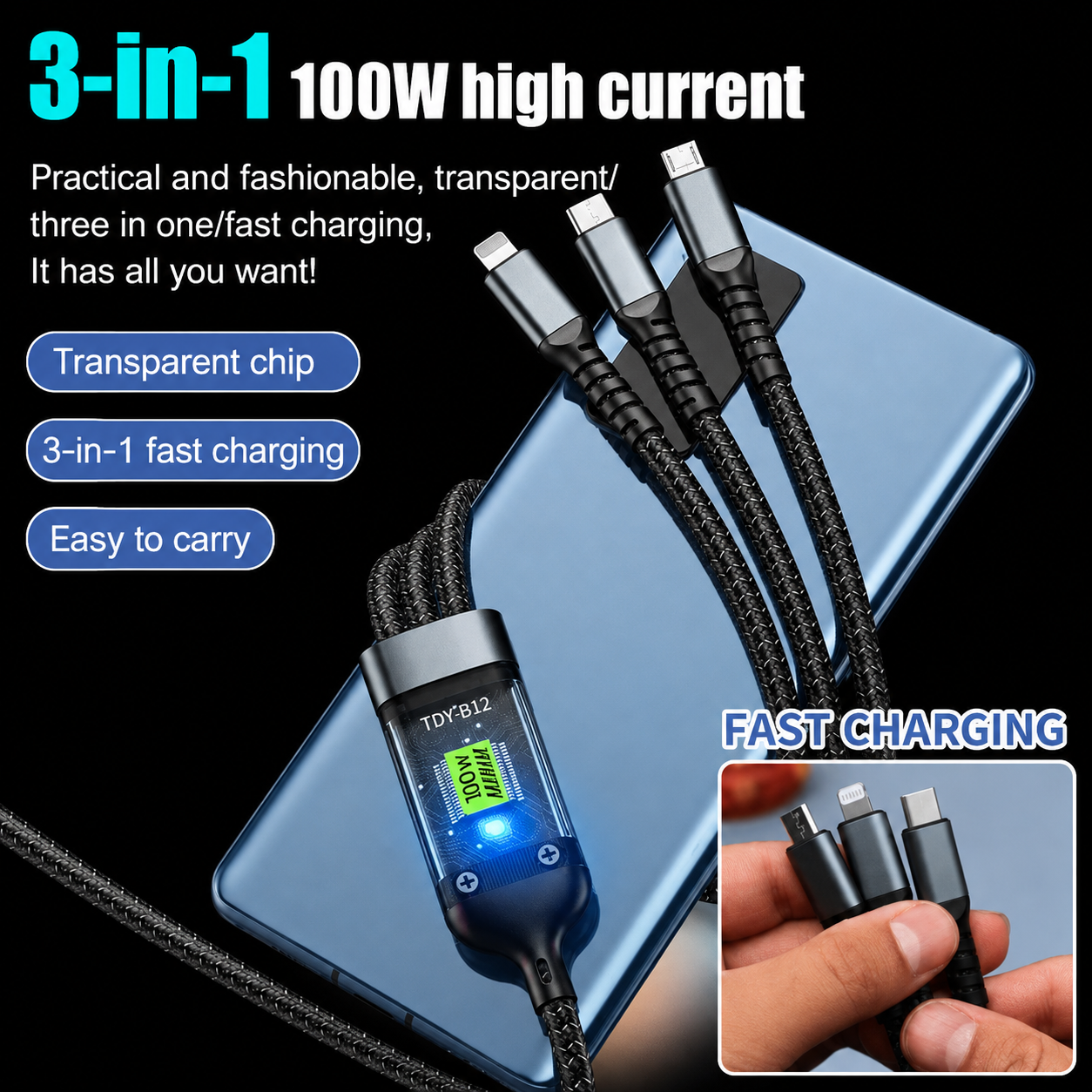 🔥 Hot Sale 70% OFF - ⚡100W Fast Charging 3-in-1 Glow-in-the-Dark Data Cable