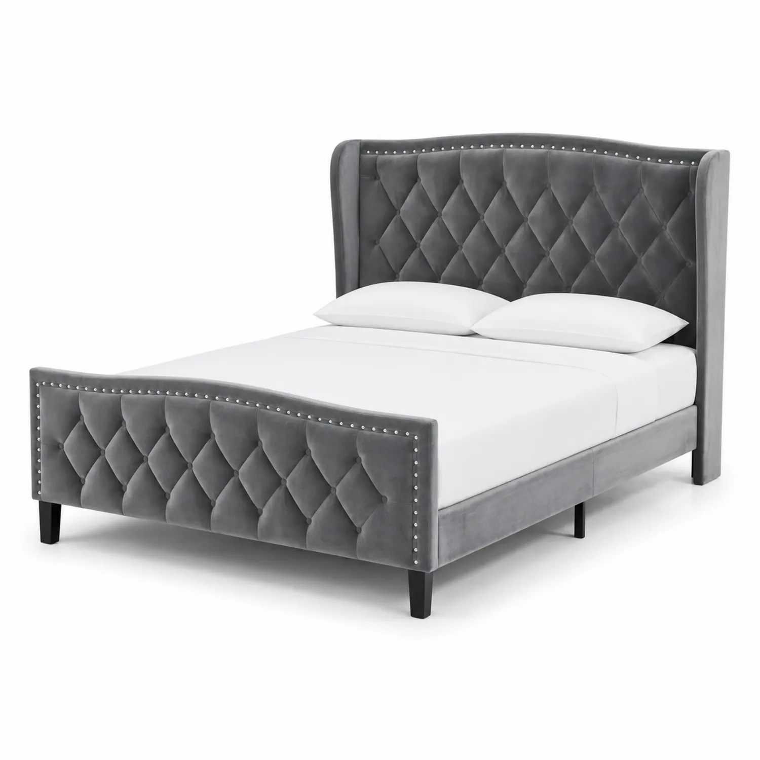 Lit double en velours Gris avec cadre en bois