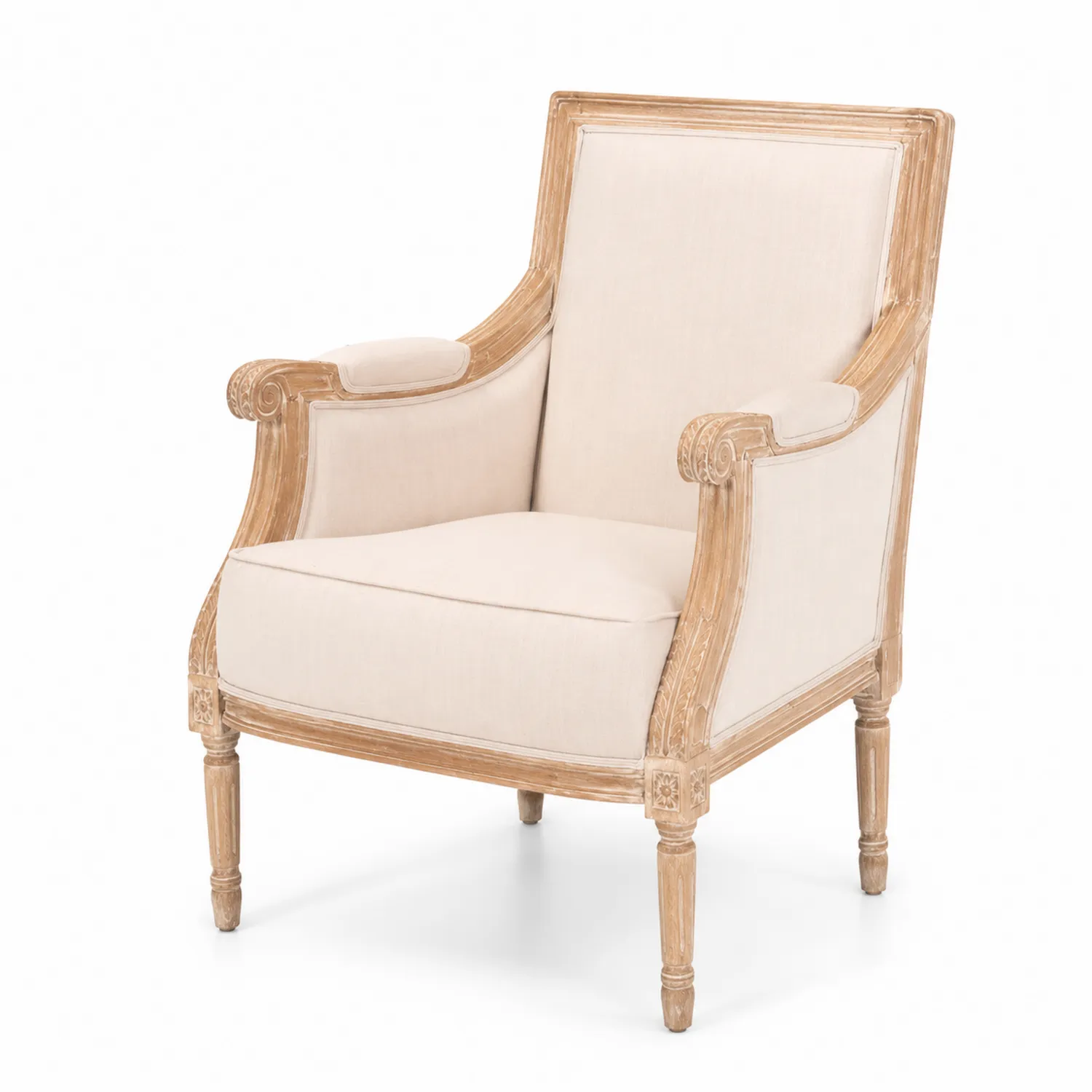 Fauteuil en tissu beige avec structure en bois de hêtre
