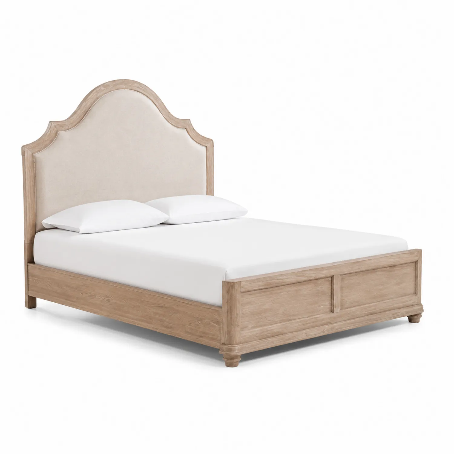 Lit double en bois avec tête de lit en tissu crème