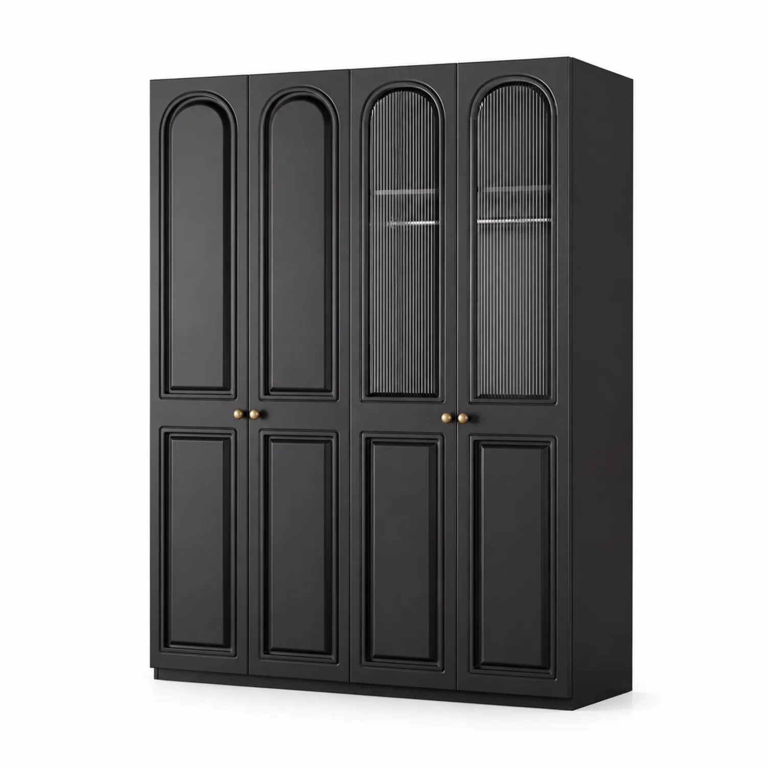 Armoire noire avec portes vitrées et panneaux décoratifs
