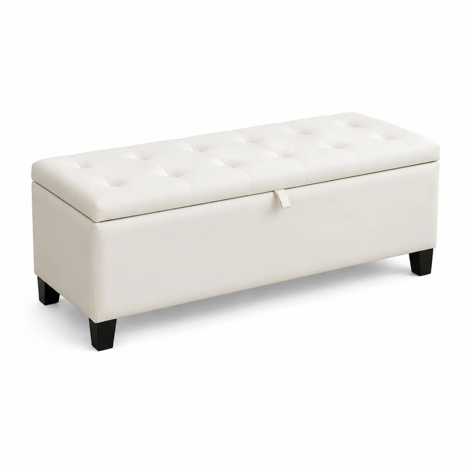 Banc de rangement en cuir synthétique blanc avec pieds en bois