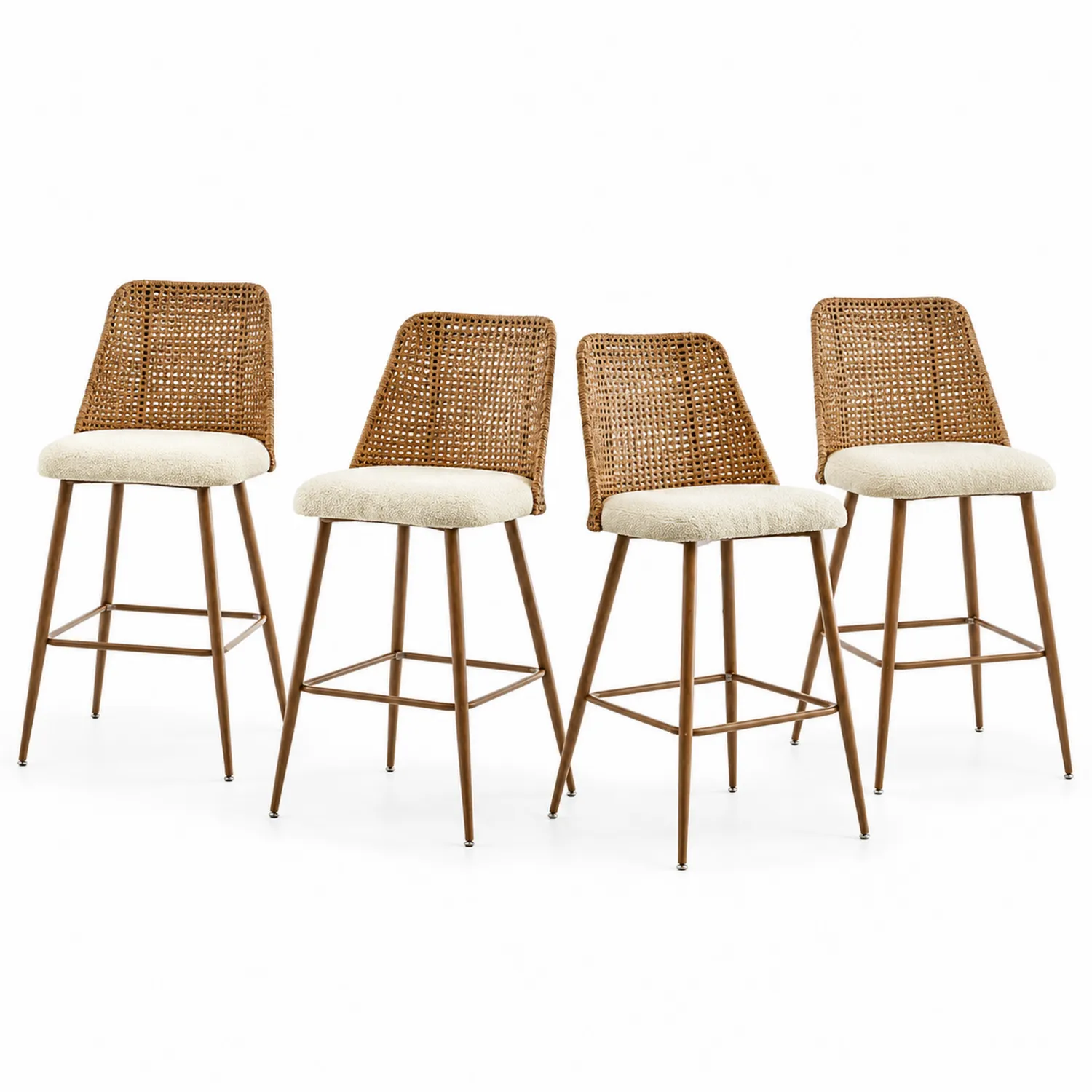 Lot de 4 tabourets de bar en rotin et métal, tissu beige