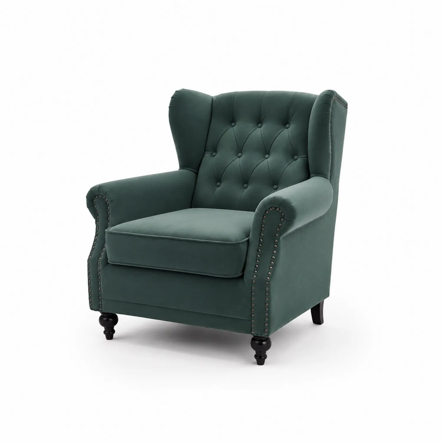 Fauteuil en Velours Vert avec Pieds en Bois