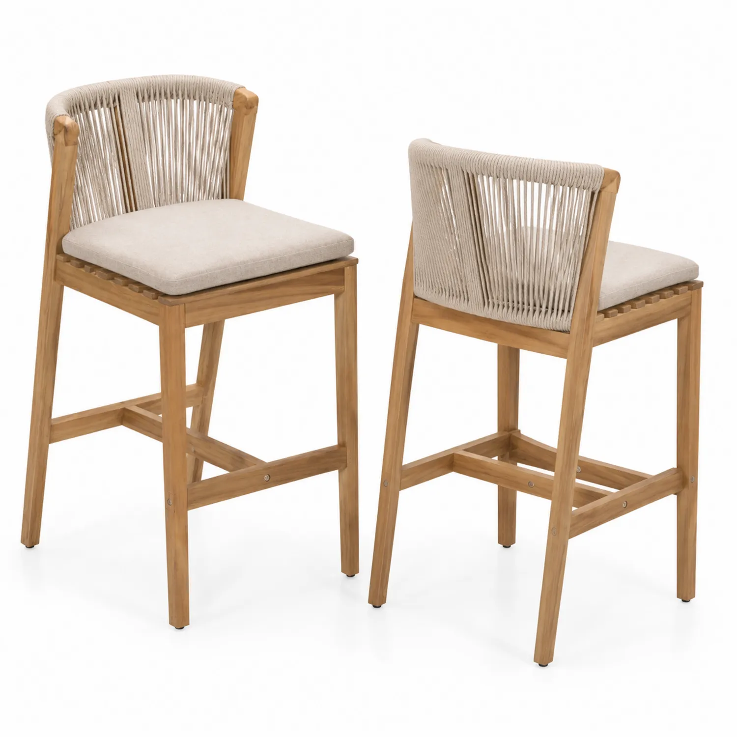 Chaises de bar en teck avec assise en tissu polyester beige et dossier en corde