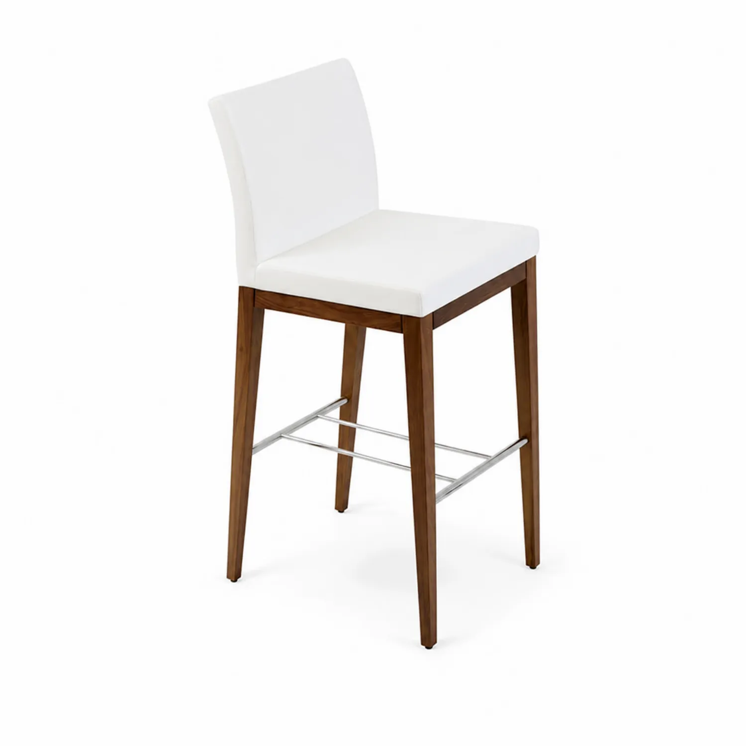 Tabouret de bar en cuir synthétique blanc avec cadre en bois et repose-pieds en métal