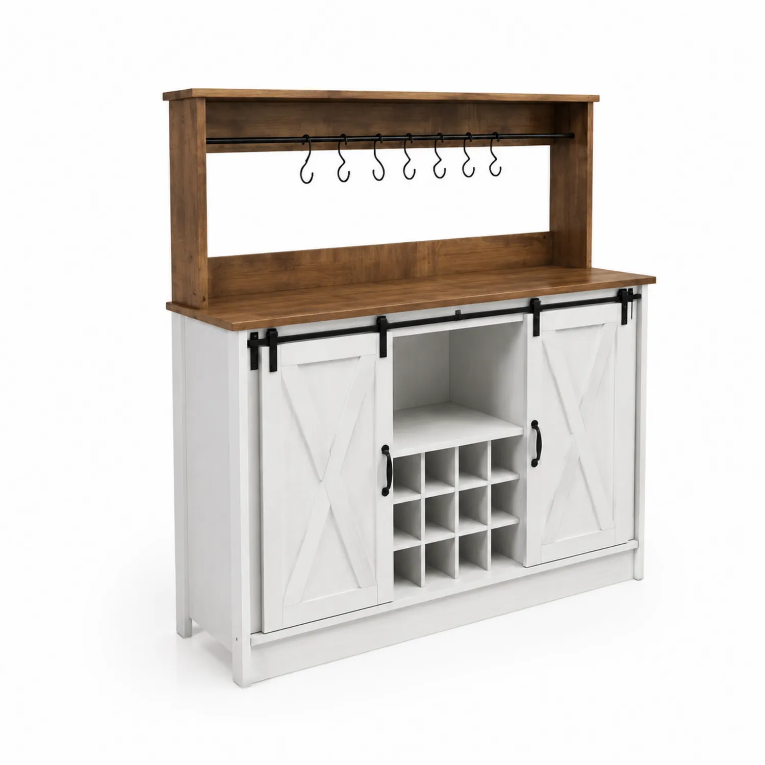 Buffet en bois blanc avec portes coulissantes et étagère à vin