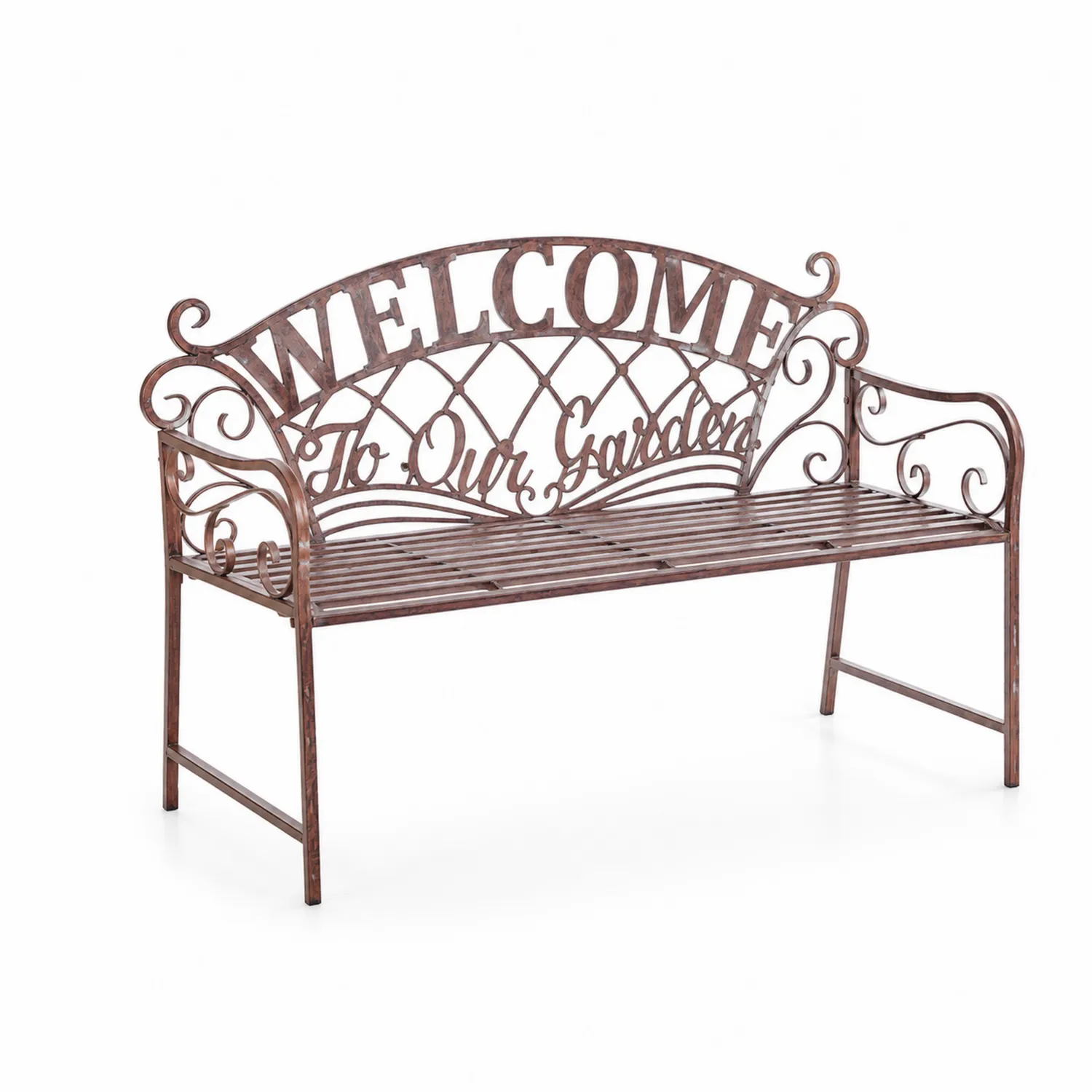 Banc de jardin en métal brun avec dossier décoratif