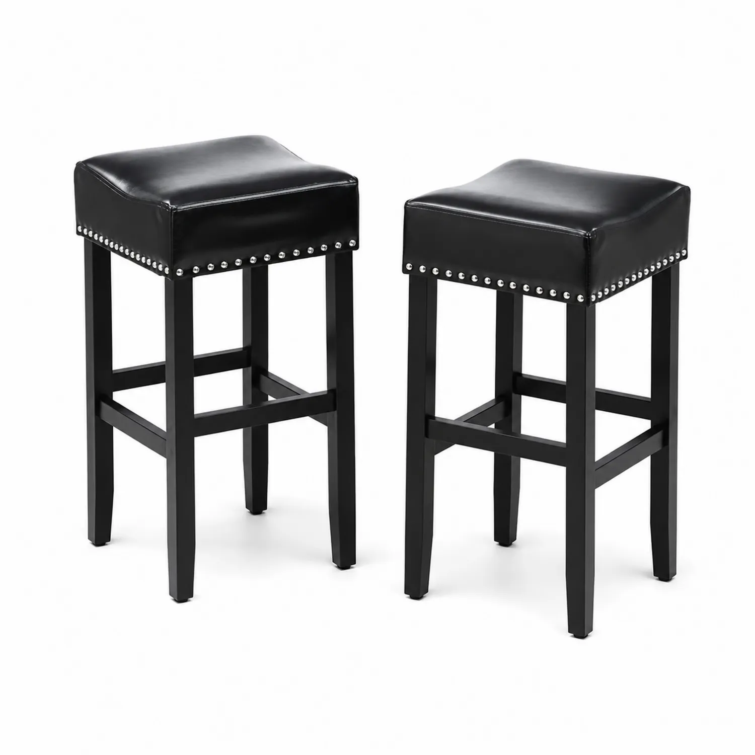 Tabourets de bar en bois et cuir noir, ensemble de 2