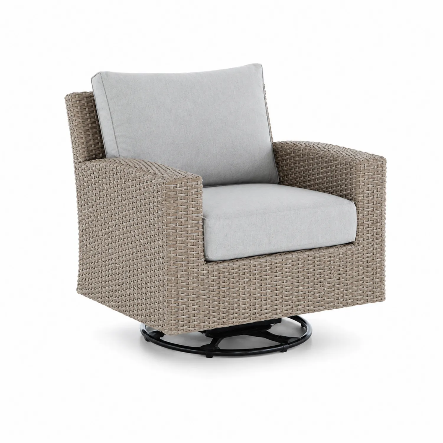 Fauteuil pivotant en rotin synthétique avec coussins gris clair