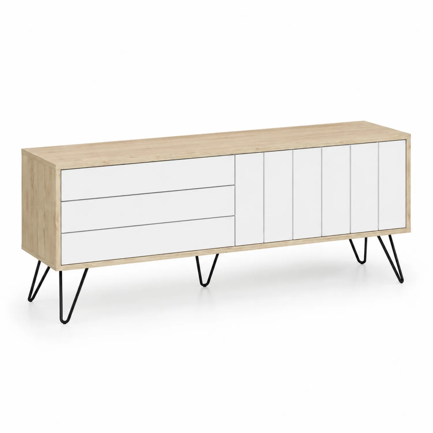Meuble TV en bois avec portes blanches et structure en métal 160x40x55 cm
