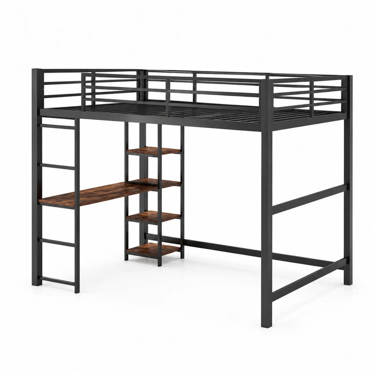 Lit mezzanine en métal noir avec bureau et étagères en bois d'ingénierie