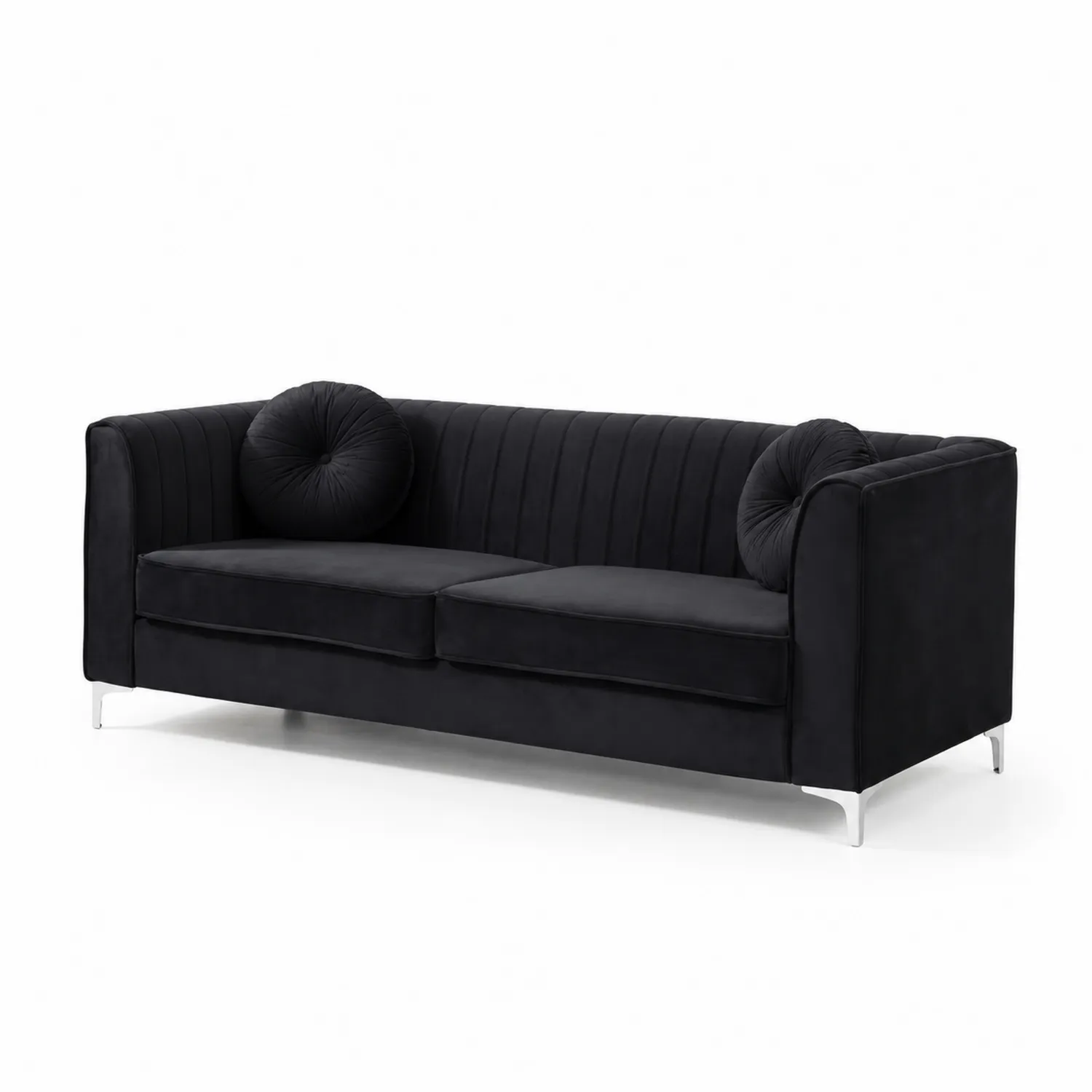Canapé en velours noir avec coussins circulaires 218 cm