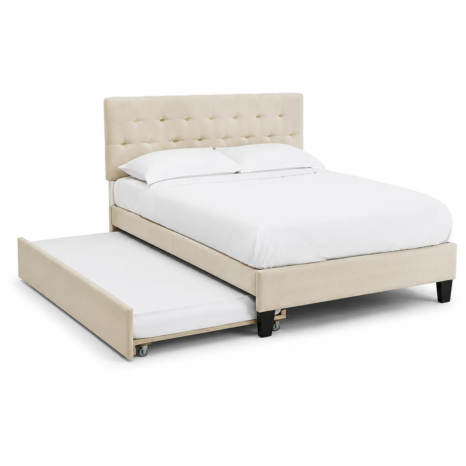 Lit double avec lit gigogne en tissu beige