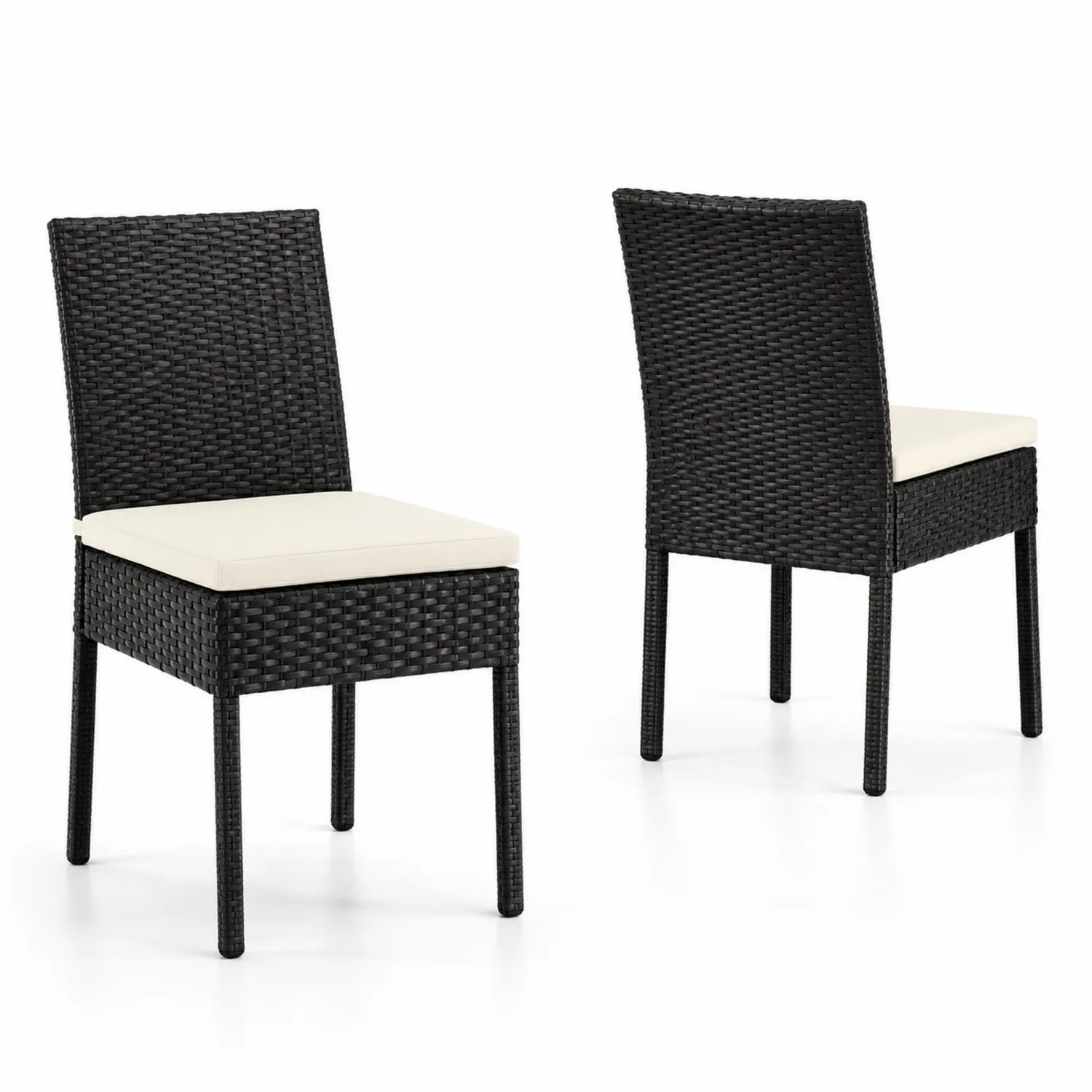 Chaises en Résine Tressée Noire avec Coussins Crème
