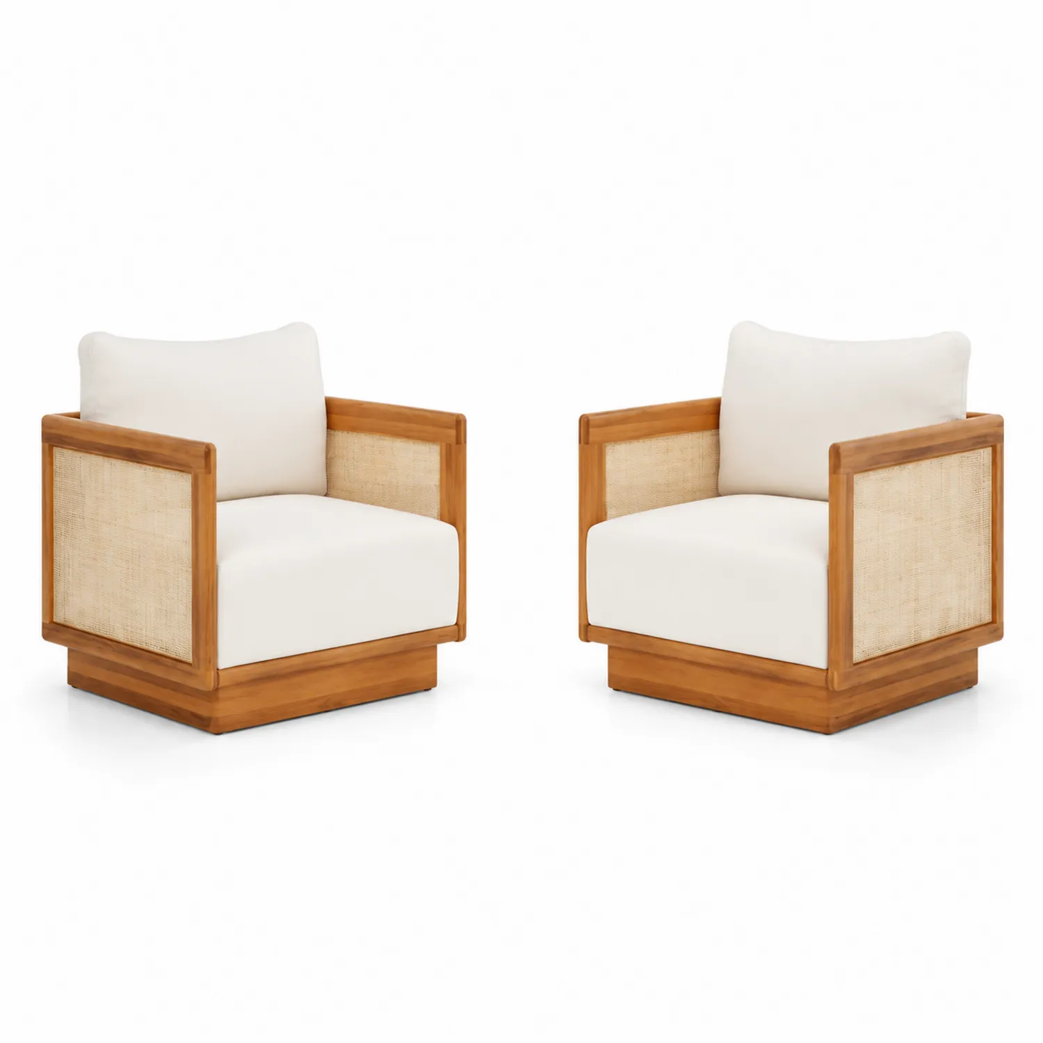 Ensemble de 2 fauteuils en bois avec dossier en rotin et coussins en polyester Blanc