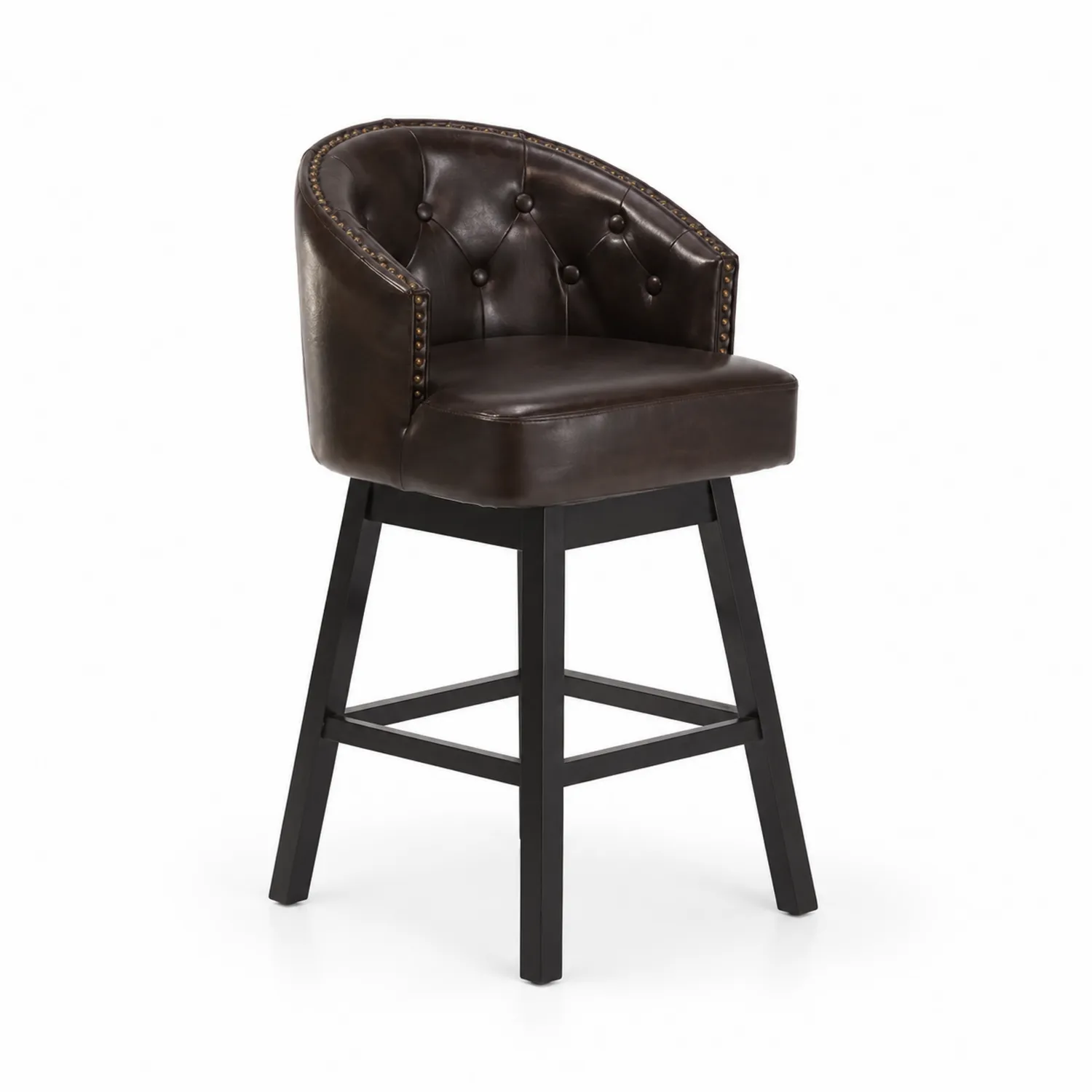 Tabouret de bar pivotant en bois et cuir synthétique marron foncé