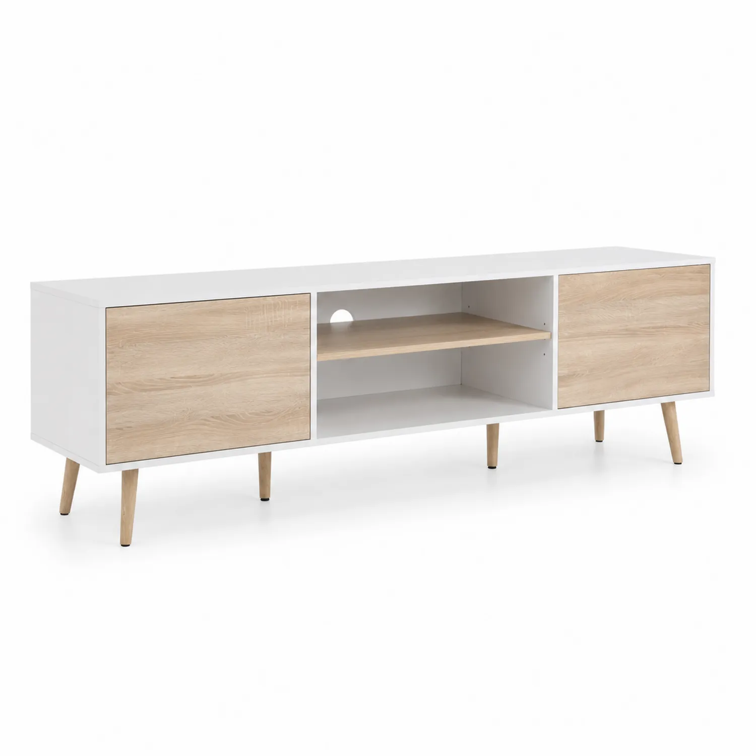 Meuble TV Bois et MDF Blanc/Chêne Clair 180x40x50cm