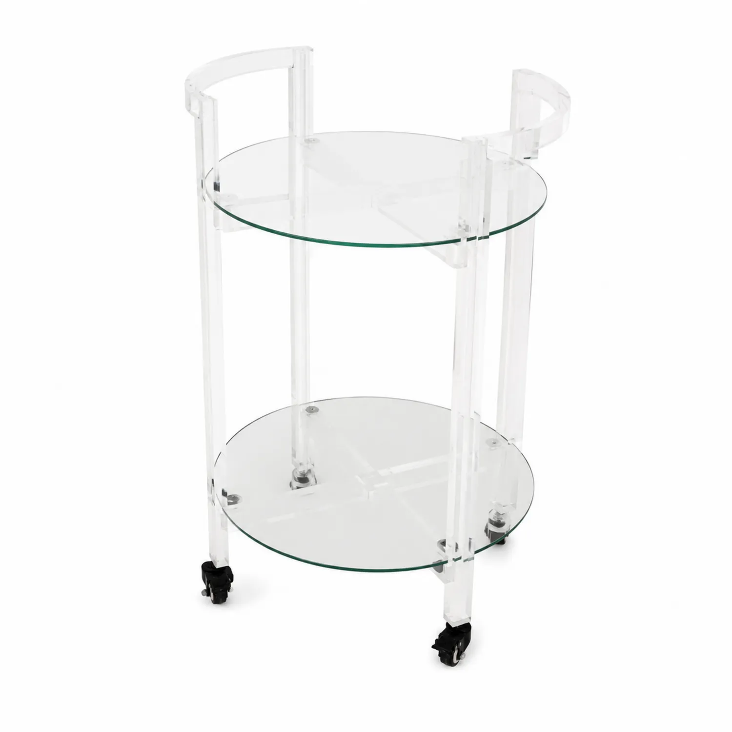 Chariot de service rond en verre et acrylique à deux niveaux