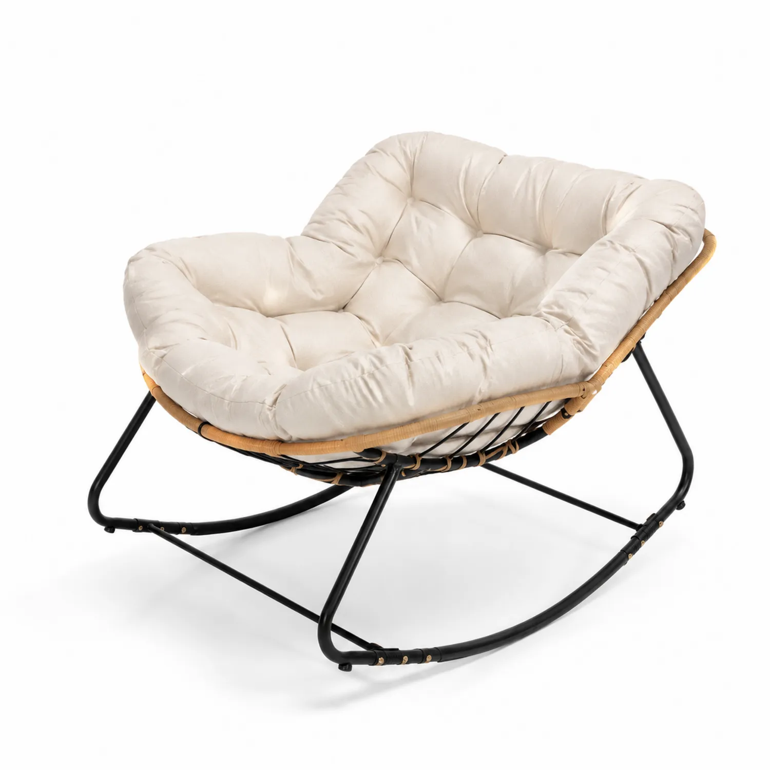 Chaise à bascule en rotin et métal avec coussin en coton Crème