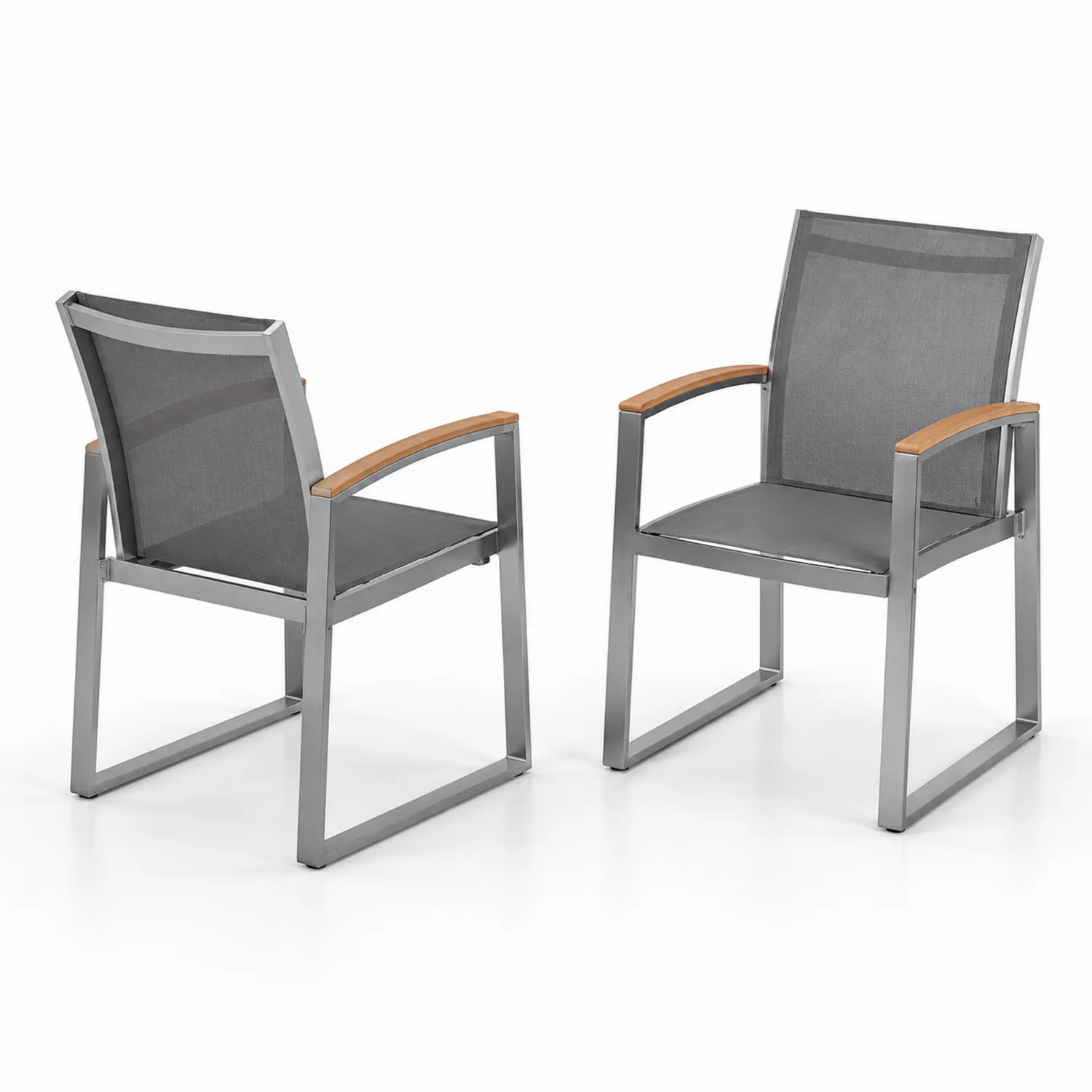 Lot de 2 chaises extérieures en métal et tissu avec accoudoirs en bois de teck