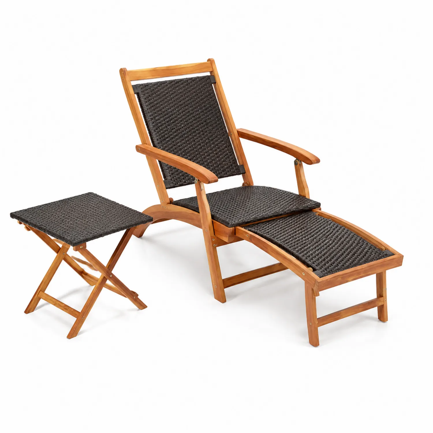 Chaise longue pliante en bois et osier synthétique avec repose-pieds