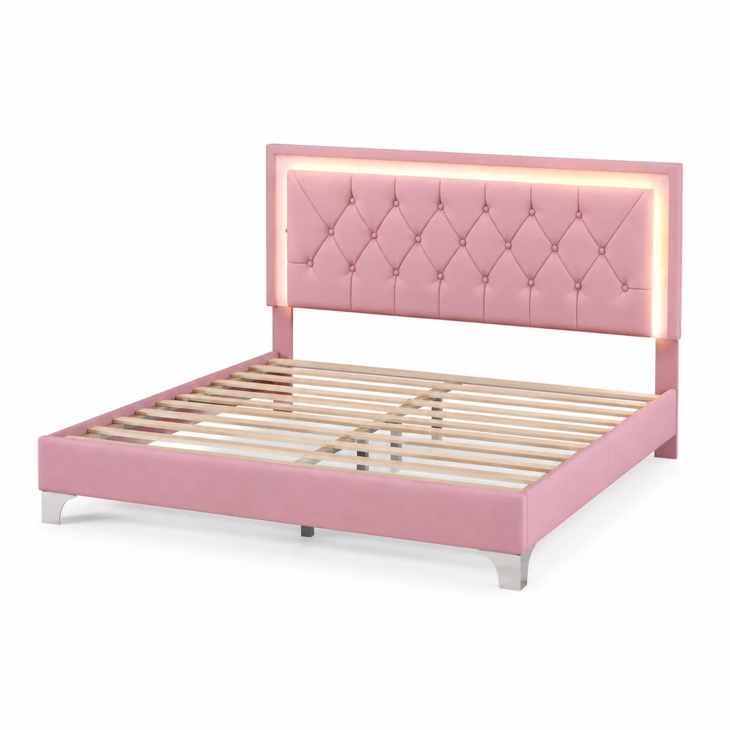 Lit double en bois et métal avec tête de lit en velours rose et éclairage LED 200x140 cm