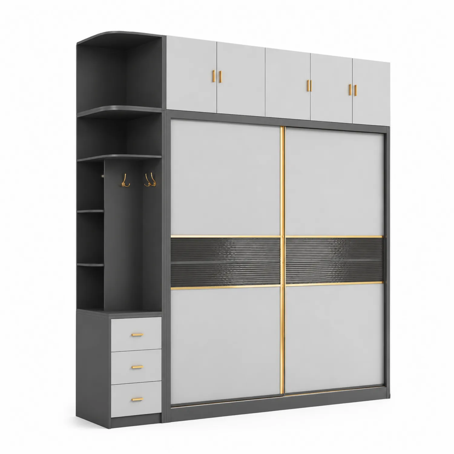 Armoire de rangement à portes coulissantes en bois Gris/Blanc avec étagères et tiroirs 200x60x240 cm