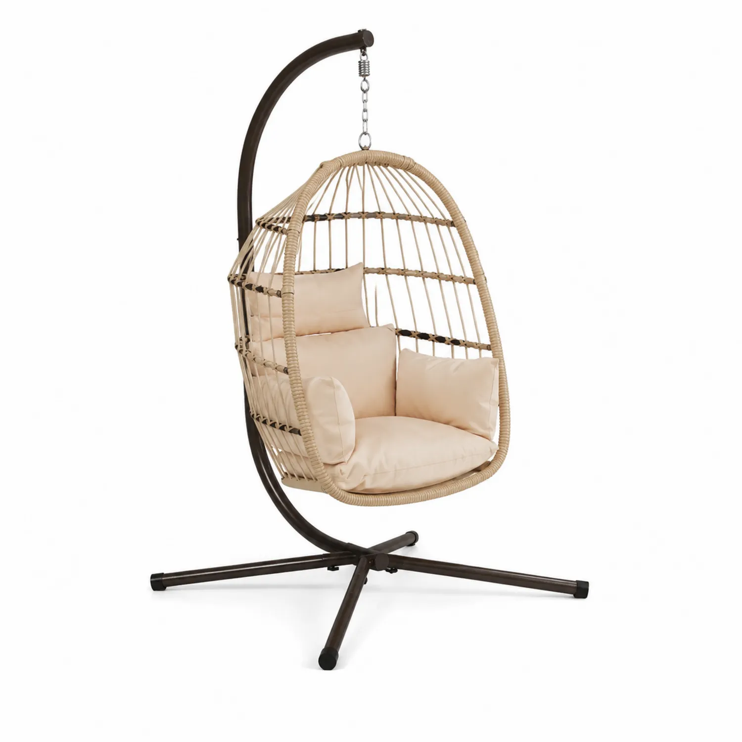 Fauteuil suspendu en rotin avec coussins en polyester crème et support en métal