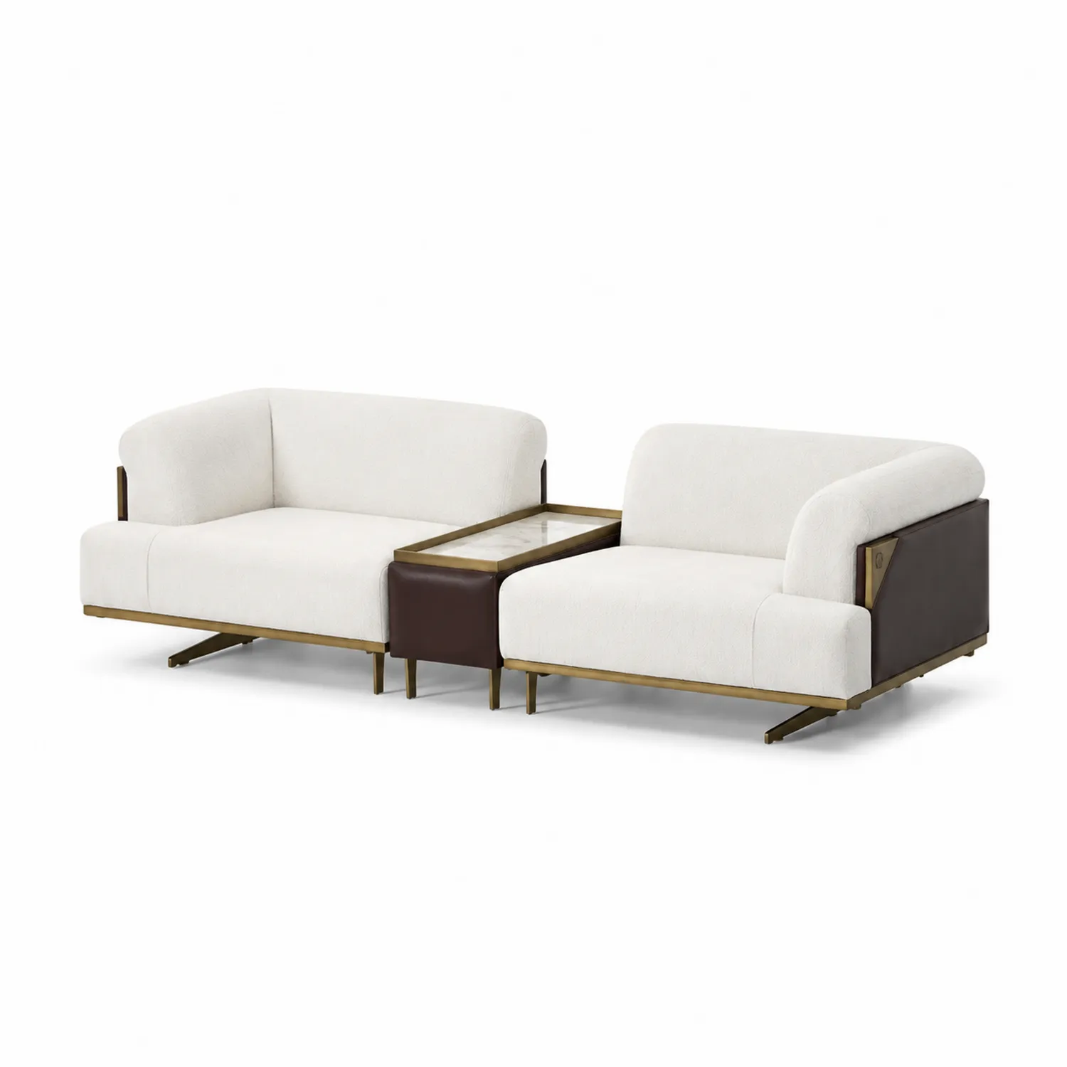 Canapé modulable en tissu et cuir avec table intégrée en marbre