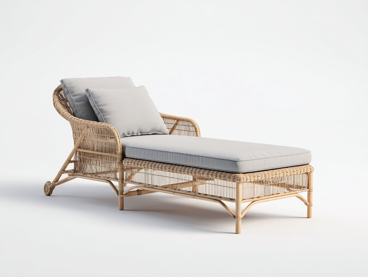 Bain de soleil en rotin avec assise en tissu 190x70x35 cm - Couleur bois-Gris - Avec roulettes - Adapté à l'extérieur-Volinahome