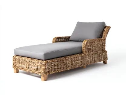 Bain de soleil en rotin avec coussin en tissu 195x65x35 cm - Couleur bois-Gris - Structure fixe - Adapté à l'extérieur-Volinahome
