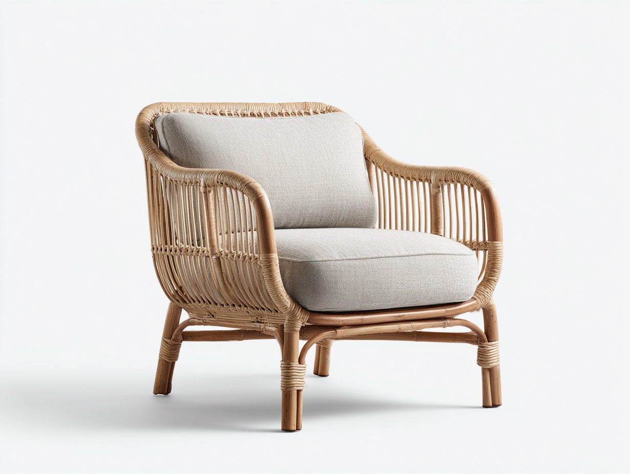 Fauteuil en rotin avec assise en tissu 78x72x76 cm - Couleur rotin naturel-Gris clair - Design compact - Adapté à l'extérieur-Volinahome