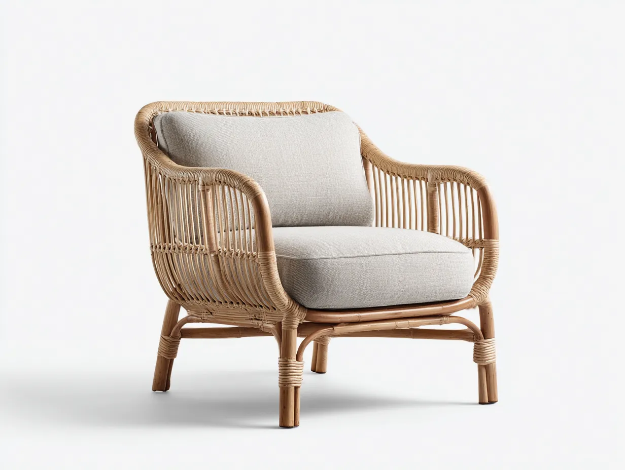 Fauteuil en rotin avec assise en tissu 78x72x76 cm - Couleur rotin naturel-Gris clair - Design compact - Adapté à l'extérieur-Volinahome