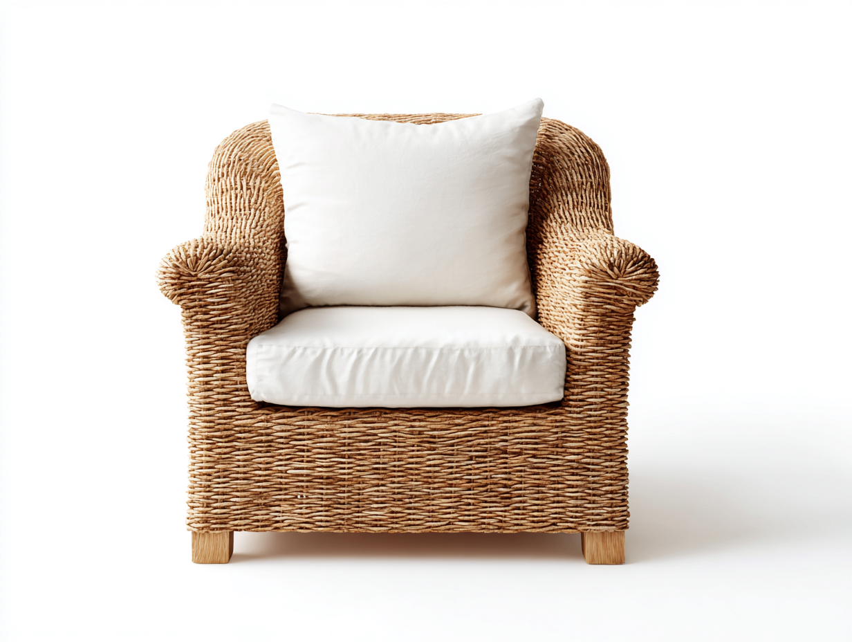 Fauteuil en rotin avec assise en tissu 88x85x78 cm - Couleur rotin naturel-Blanc cassé - Design carré - Adapté à l'extérieur-Volinahome